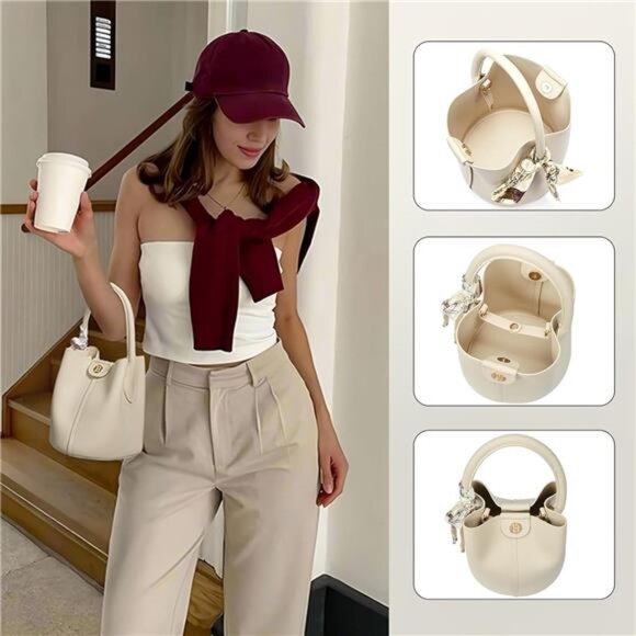 Womens Small Crossbody Bag Vegan Leather Mini Bucket Purse Removable Strap - Picture 2 of 7